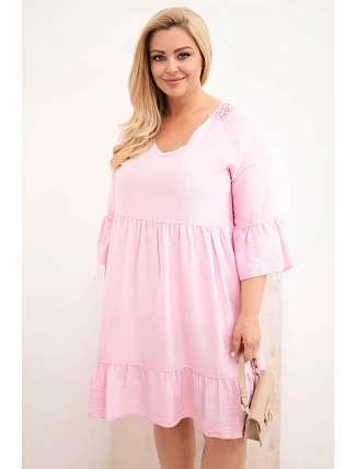 Dámské šaty Plus Size z viskózy s ažurovým zdobením bonbónově růžová