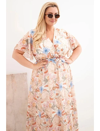Dámské šaty Plus Size s květinami se zavazováním béžová