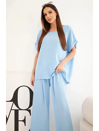 Dámský komplet Plus Size halenka a kalhoty s širokými nohavicemi modrý