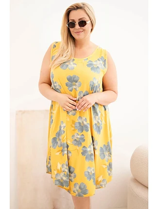 Dámské šaty Plus Size viskózové s květinovým vzorem na ramínkách hořčicová