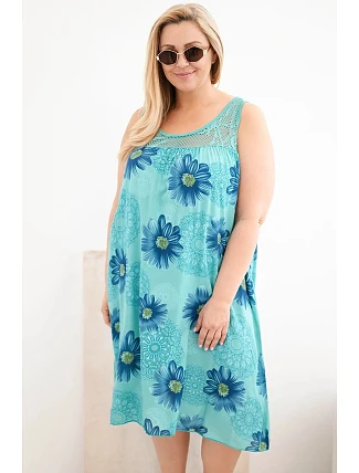 Dámské šaty Plus Size z viskózy s květinovým vzorem a krajkovým výstřihem mentolová