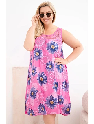 Dámské šaty Plus Size z viskózy s květinami s krajkovým výstřihem růžová