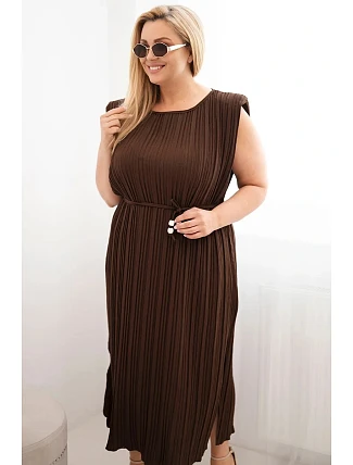 Dámské Plus Size viskózové plisované šaty s vázáním hnědá