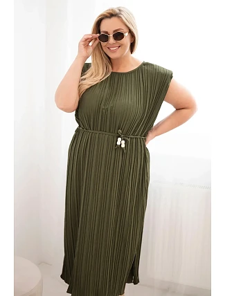 Dámské viskózové plisované šaty Plus Size s vázáním khaki