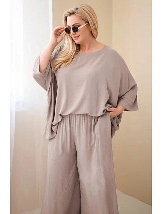 Dámský plus size viskózový komplet se širokými kalhotami a halenkou fango