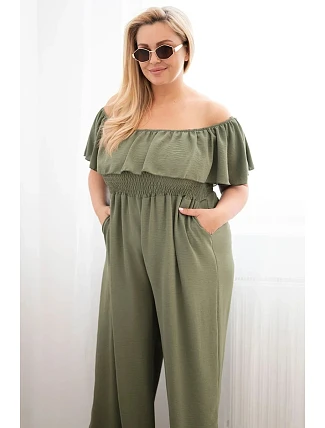 Dámský overal Plus Size s volánem a krátkým rukávem khaki