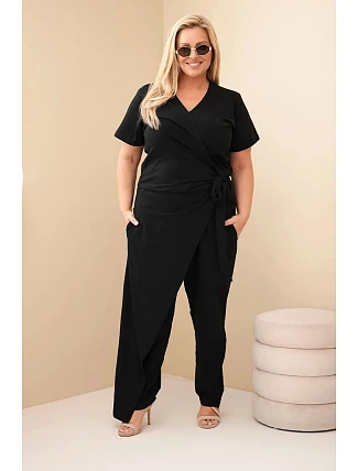 Dámský bavlněný overal Plus Size se zavazováním v pase černý Dámský bavlněný overal Plus Size se zavazováním v pase černý