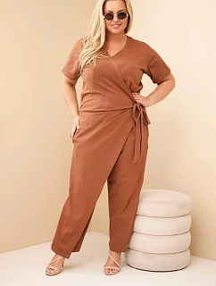 Dámský bavlněný overal Plus Size se zavazováním v pase velbloudí