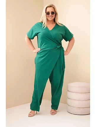 Dámský bavlněný overal Plus Size se zavazováním v pase zelený Dámský bavlněný overal Plus Size se zavazováním v pase zelený