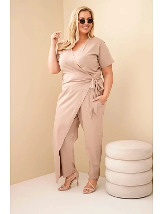 Dámský bavlněný overal Plus Size se zavazováním v pase fango Dámský bavlněný overal Plus Size se zavazováním v pase fango