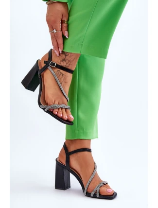 Kožené sandály s kamínky podpatky Černé Carlotta