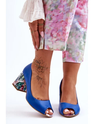 Kožené lodičky s ozdobným podpatkem Lewski Shoes 2608/K Modré