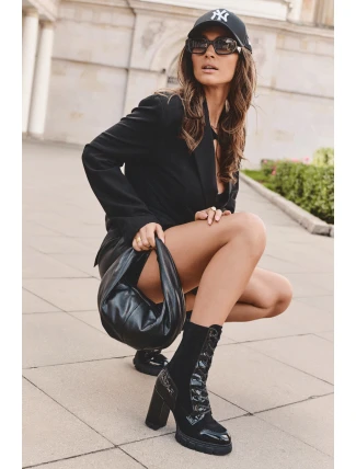 Kůže Šněrovací Boty Na Masivním Sloupku Černá Khariah