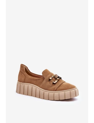 Zamszové dámské polobotky na platformě s ozdobou tmavě béžové Lewski 3398