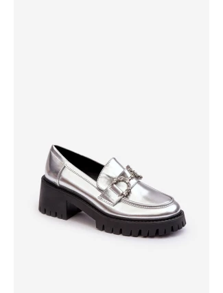 Dámské kožené polobotky na masivním podpatku stříbrné Lemmitty Dámské kožené polobotky na masivním podpatku stříbrné Lemmitty