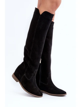 Zazoo 3407 Zamszové Kozáky po Kolena na Ploché Podrážce Černé