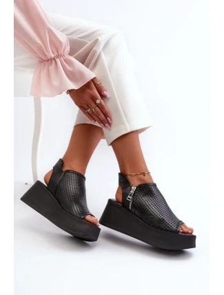 Zazoo 1792 Kožené Vyšívané Sandály Na Klinu Černé