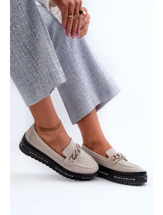 Dámské kožené mokasíny na platformě s řetízkem S.Barski LR618 béžové