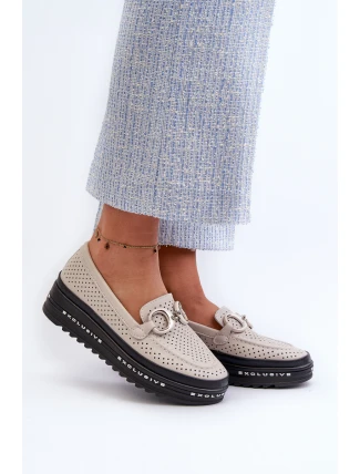 Dámské kožené mokasíny na platformě s ozdobou S.Barski LR750 béžové Dámské kožené mokasíny na platformě s ozdobou S.Barski LR750 béžové