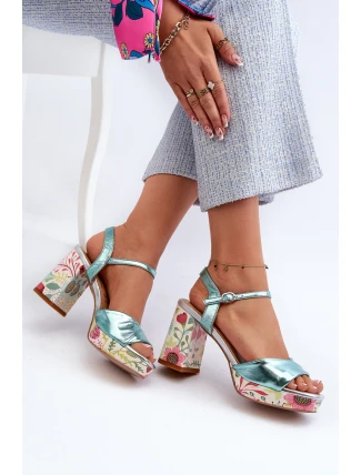 Dámské sandály na podpatku s květinami D&A CR980 modré