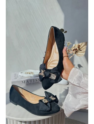 Dámské ekosuede baleríny s mašlí a broží, černé Satris