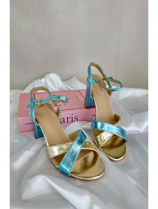 Eko Kožené Sandály Na Podpatku Modro-Zlaté Abilica