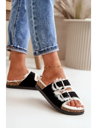 Dámské Pantofle S Přezkami A Kožíškem Černé Ezilena Dámské Pantofle S Přezkami A Kožíškem Černé Ezilena