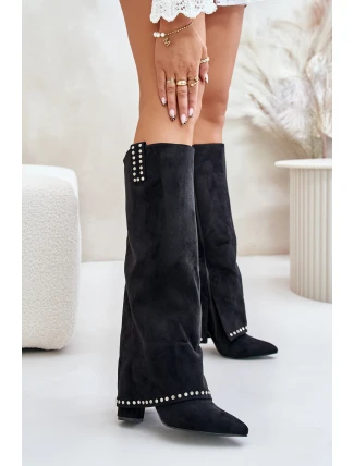 Dámské Kozačky S Otočeným Zvrškem Na Podpatku Černé Kaithena