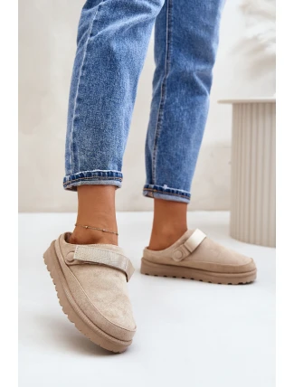 Dámské pantofle zateplené kožíškem na platformě béžové Azida