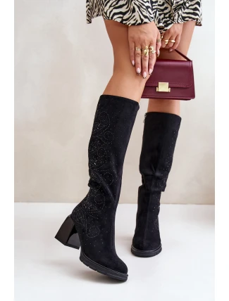 Zdobené dámské kozačky nad kolena zateplené na podpatku černé MR880-158