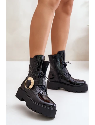 Zazoo 2942 Kožené boty worker se zlatou sponou černé