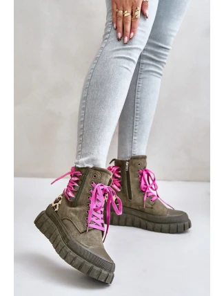 Dámské botky na platformě s ozdobným šněrováním leopardí zelené Edidda