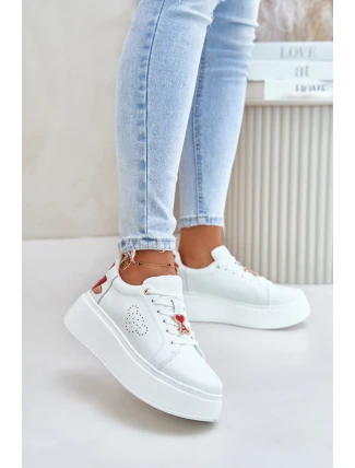 Dámské Kožené Tenisky Na Platformě S Prstenem A Dekorativním Květinou 89100 Bílé