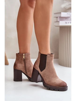 Zateplené dámské botky na podpatku z eko semiše béžové Vinceza 58356