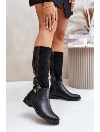 Zateplené kozačky na plochém podpatku s ozdobnou sponou černé Leatharia