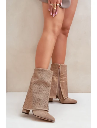 Ozdobené Lesklé Botky S Otočeným Svrškem Na Podpatku Zateplené Béžové Xistaria