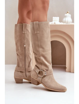 Semišové Čižmy Na Nízkém Podpatku S Návleky Před Kolena Světle Béžové Zazoo 3444/O