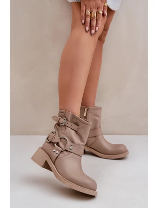 Kožené Dámské Botky Na Nízkém Bloku Se Pásky Zazoo 3644 Béžové