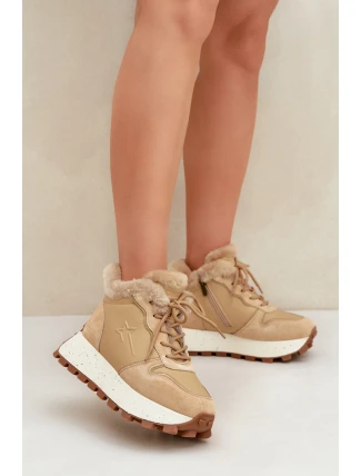 Kožené Sneakersy Trapery Dámské S Kožíškem Na Platformě Big Star OO274A330 Béžové