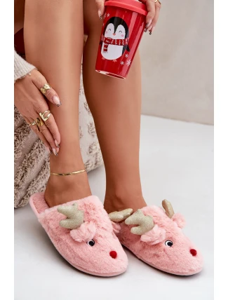 Vánoční Pantofle S Motivem Sobů Kožešinové Růžové Asielle Vánoční Pantofle S Motivem Sobů Kožešinové Růžové Asielle