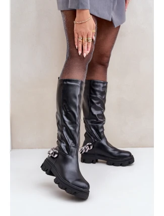 Kozačky Na Plochém Podpatku S Řetězem Černé Nauricette