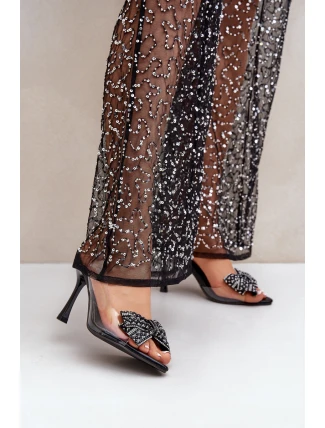 Průhledné Sandály Na Jehlovém Podpatku S Lesklou Mašlí Černé Viosta Průhledné Sandály Na Jehlovém Podpatku S Lesklou Mašlí Černé Viosta