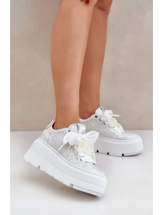 Kožené sneakersy na platformě CheBello 4658 stříbrné