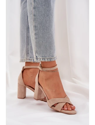 Sandály Na Sloupkovém Podpatku Z Eko Semiše Béžové Saniffia