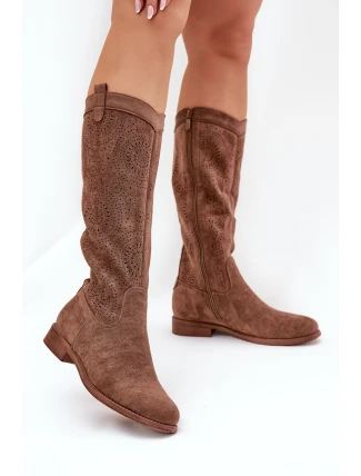 Kozačky S Ažurovým Svrškem Na Plochém Podpatku Hnědé S.Barski HY51-860