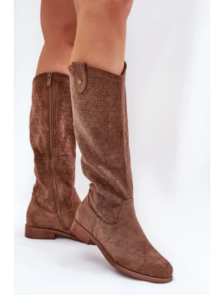 Kozačky Na Plochém Podpatku S Vzorem Hnědé S.Barski HY51-062