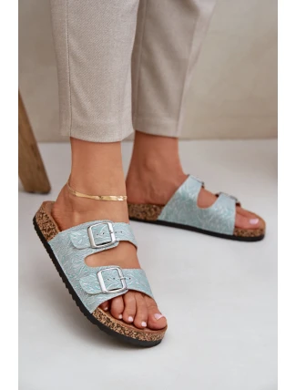 Textilové pantofle na korkové podrážce s přezkami mátové Atera Textilové pantofle na korkové podrážce s přezkami mátové Atera