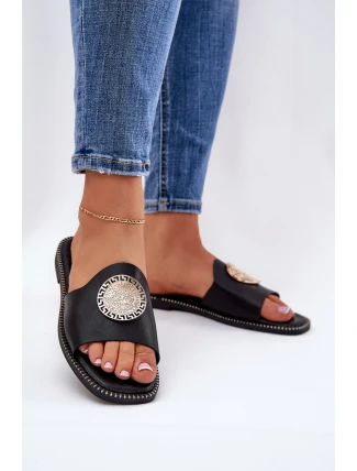 Ekokožené Pantofle Na Plošem Podpatku S Dekorací Černé Tatereia Ekokožené Pantofle Na Plošem Podpatku S Dekorací Černé Tatereia