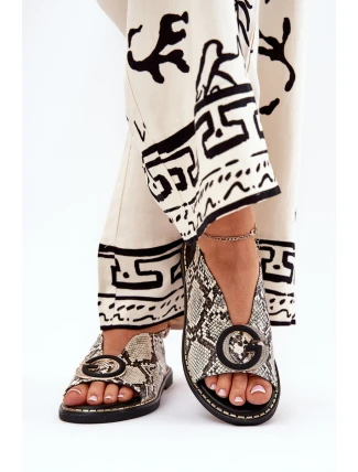 Ploché sandály s ozdobou hadí vzor béžovo-hnědé Haliones
