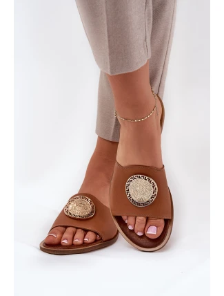 Zazoo 2938 Kožené Pantofle Na Plochém Podpatku S Dekorací Camel